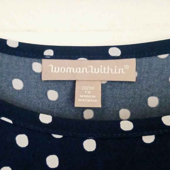 Woman within 1X 22/24 Navy and White Polka Dot Dress - Picture 3 of 6